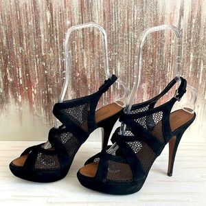 ALAÏA size EU 40.5 heeled platform sandals in black suede, fabric fishnet